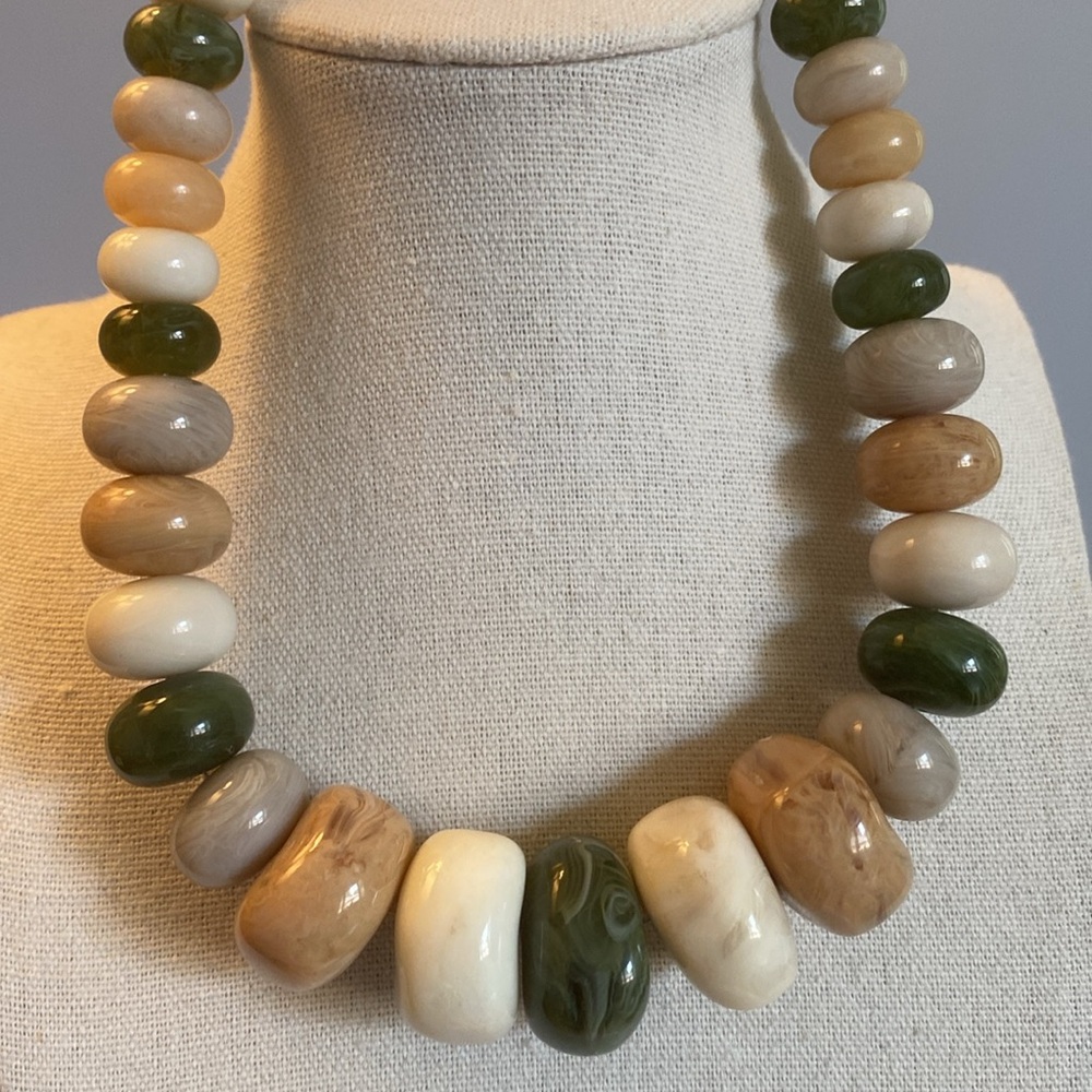 Vintage Faux Jade Glass Necklace with Green and Cream Tones